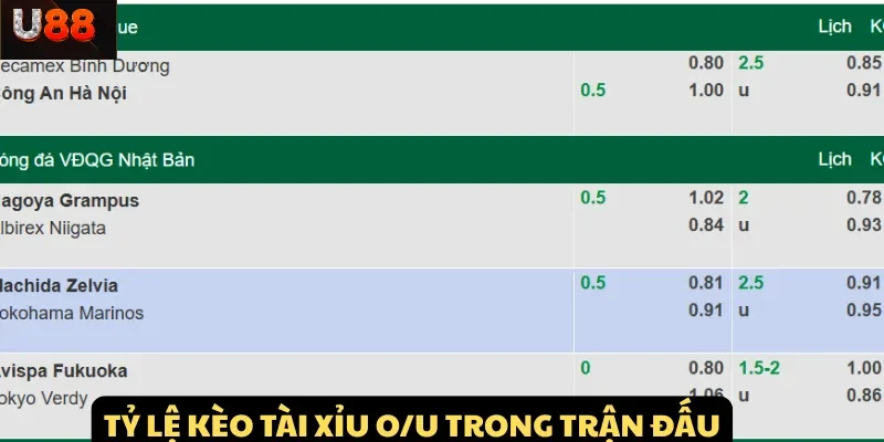 Tỷ lệ kèo tài xỉu O/U trong trận đấu giữa hai đội bóng